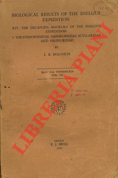 HOLTHUIS L.B. - - Biological results of the Snellius Expedition. XIV. Decapoda  Macrura of the Snellius Expedition. I. The Stenopodidae, Nephropsidae, Scyllaridae and Palinuridae