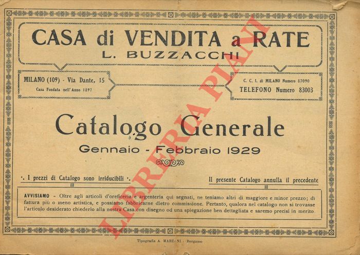 L. Buzzacchi. Milano - - Casa di vendite a rate. Catalogo generale. Gennaio - Febbraio 1929.