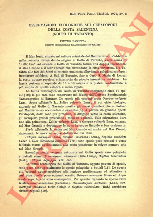 PANETTA Pietro - - Osservazioni ecologiche sui cefalopodi della costa salentina.