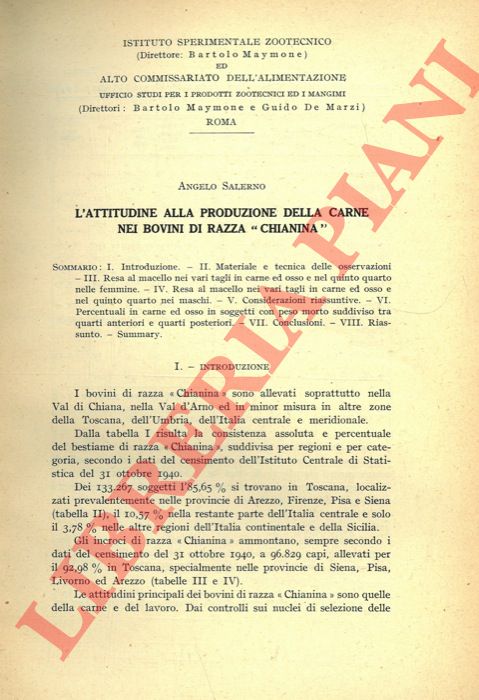 SALERNO Angelo - - L'attitudine alla produzione della carne nei bovini di razza 'Chianina' .