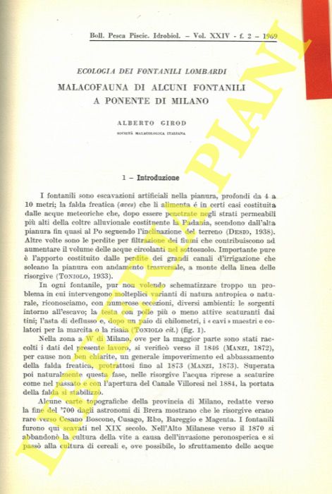 GIROD Alberto - - Ecologia dei fontanili lombardi. Malacofauna di alcuni fontanili a ponente di Milano.