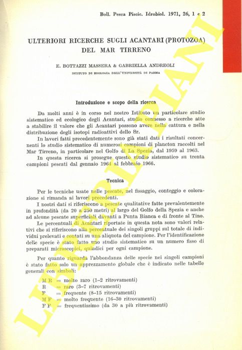 BOTTAZZI MASSERA E. - ANDREOLI Gabriella - - Ulteriori ricerche sugli Acantari (Protozoa) del Mar Tirreno.