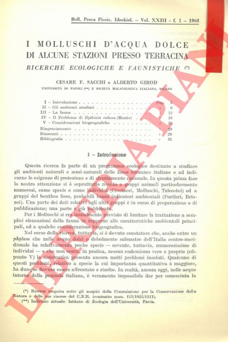 SACCHI Cesare F. - GIROD Alberto - - I molluschi d'acqua dolce di alcune stazioni presso Terracina. Ricerche ecologiche e faunistiche.