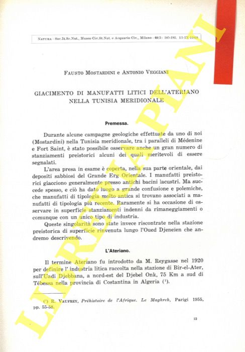 MOSTARDINI Fausto - VEGGIANI Antonio - - Giacimenti di manufatti litici dell'Ateriano nella Tunisia meridionale.