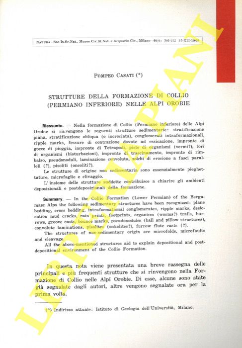 CASATI Pompeo - - Strutture della formazione di Collio (Permiano inferiore) nelle Alpi Orobie) .