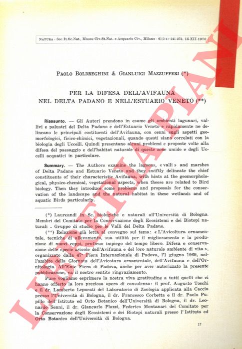 BOLDREGHINI Paolo - MAZZUFFERI Gianluigi - - Per la difesa dell'avifauna nel Delta Padano e nell'Estuario Veneto.