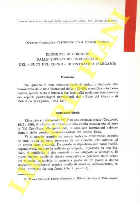 CORNAGGIA CASTIGLIONI Ottavio - PEZZOLI Enrico - - Elementi di corredo dalle sepolture eneolitiche del 'Buco del Corno' di Entratico (Bergamo) .