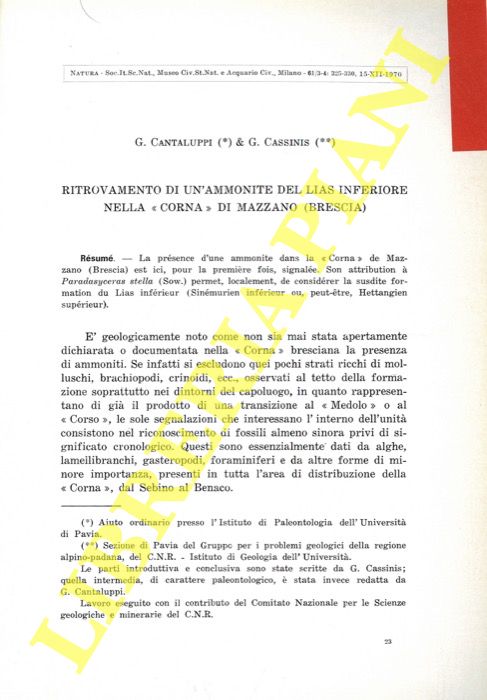 CANTALUPPI G. - CASSINIS G. - - Ritrovamento di un'ammonite del Lias inferiore nella 'Corna' di Mazzano (Brescia) .