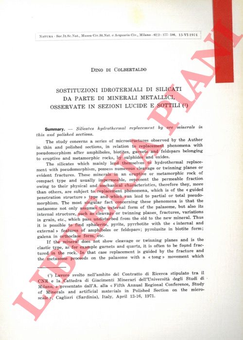 DI COLBERTALDO Dino - - Sostituzioni idrotermali di silicati da parte di minerali metallici osservate in sezioni lucide e sottili