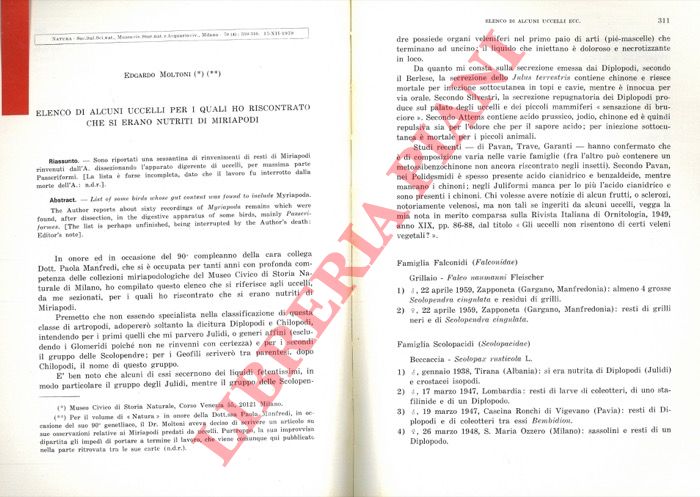 MOLTONI Edgardo - - Elenco di alcuni uccelli per i quali ho riscontrato che si erano nutridi di Miriapodi.