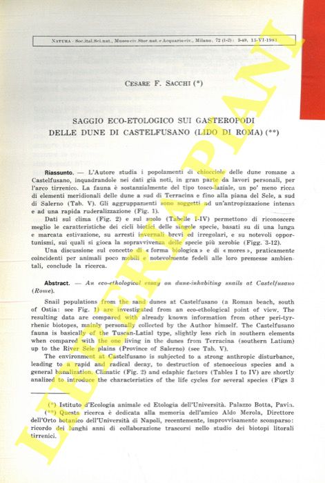 SACCHI Cesare F. - - Saggio eco-etologico sui Gasteropodi delle dune di Castelfusano (Lido di Roma) .
