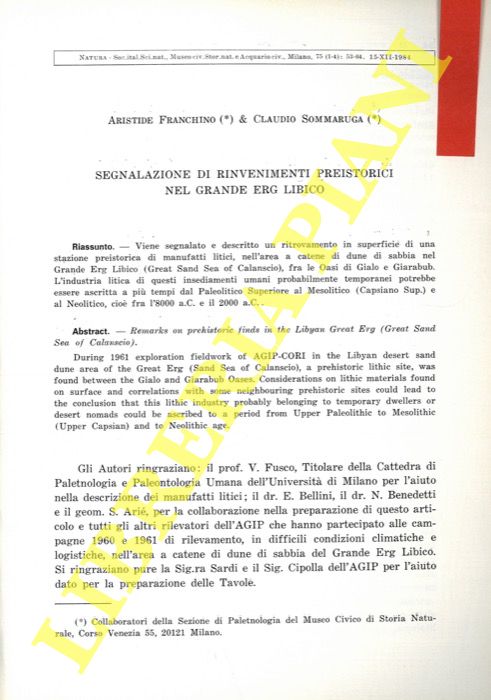 FRANCHINO Aristide - SOMMARUGA Claudio - - Segnalazione di rinvenimenti preistorici nel Grande Erg Libico.
