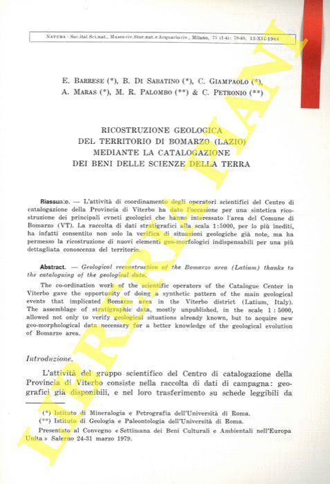 BARRESE E. - DI SABATINO B. - GIAMPAOLO C. - MARAS A. - PALOMBO M.R. - PETRONIO C. - - Ricostruzione geologica del territorio di Bomarzo (Lazio) mediante la catalogazione dei Beni delle Scienze della Terra.