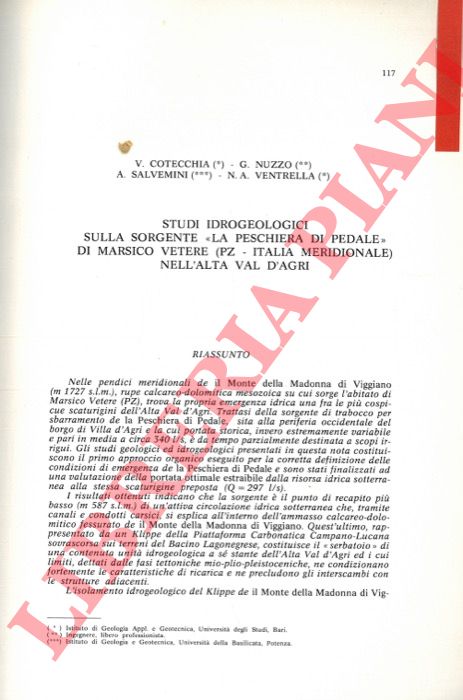 COTECCHIA V. - NUZZO G. - SALVEMINI A. - VENTRELLA N. A. - - Studi idrogeologici sulla sorgente 'La Peschiera di Pedale' di Marsico Vetere (PZ - Italia Meridionale) nell'Alta Val d'Agri.