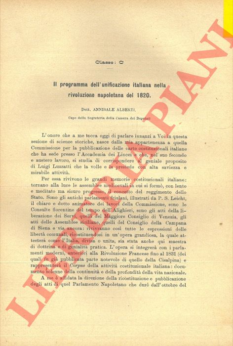 ALBERTI Annibale - - Il programma dell'unificazione italiana nella rivoluzione napoletana del 1820.