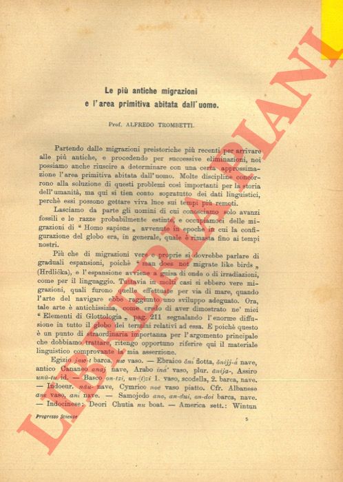 TROMBETTI Alfredo - - Le pi antiche migrazioni e l'area primitiva abitata dall'uomo.