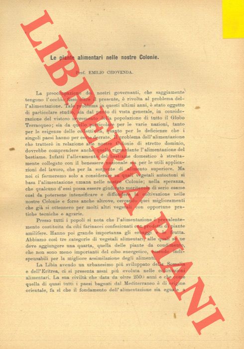 CHIOVENDA Emilio - - Le piante alimentari nelle nostre colonie.