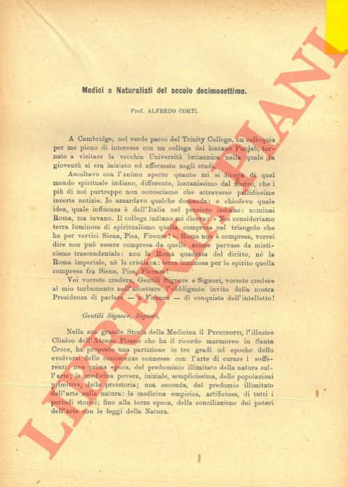 CORTI Alfredo - - Medici e Naturalisti del secolo decimosettimo.