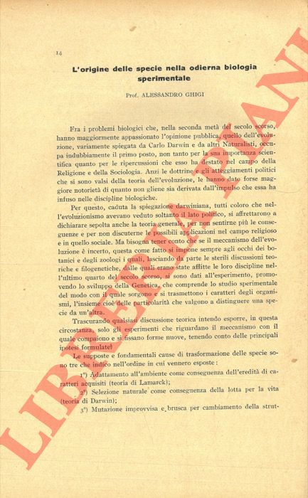 GHIGI Alessandro - - L'origine della specie nella odierna biologia sperimentale.