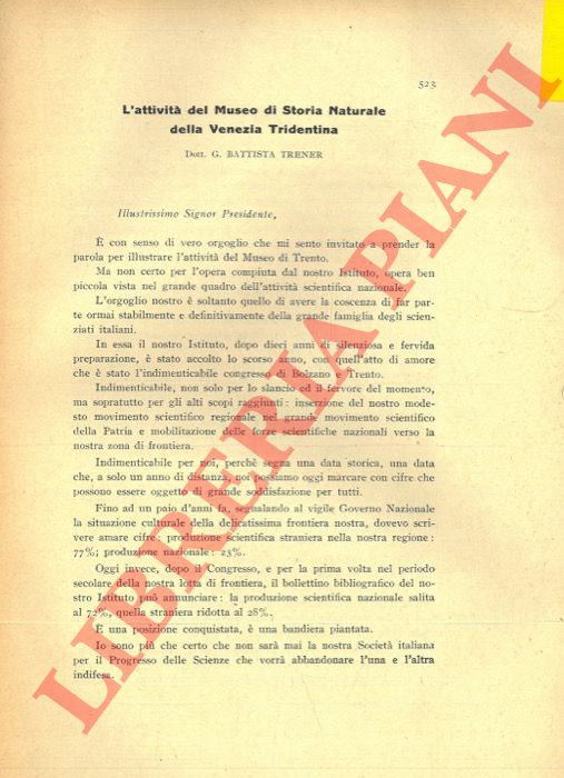 TRENER  Battista - - L'attivit del Museo di Storia Naturale della Venezia Tridentina.