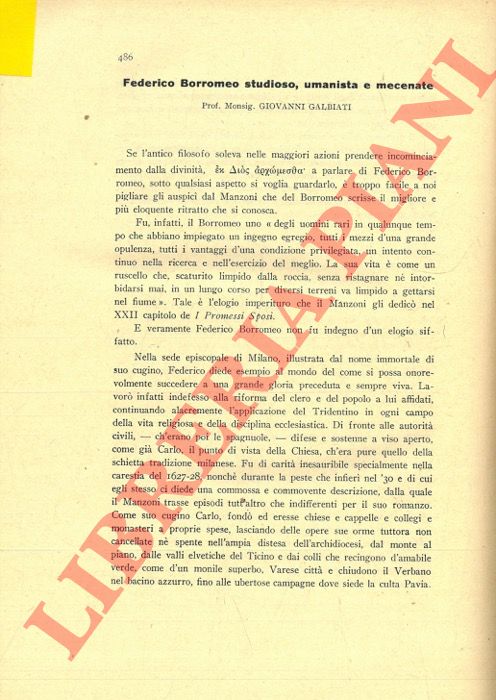 GALBIATI Giovanni - - Federico Borromeo, studioso, umanista e mecenate.