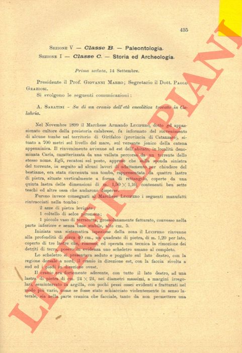 SABATINI A. - - Su di un cranio dell'et neolitica trovato in Calabria.
