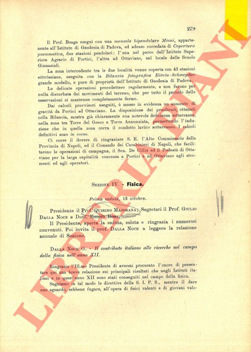 MAJORANA Quintino - PINCHERLE L. et AA. - - Atti della Societ Italiana per il Progresso delle Scienze. Sezione di Fisica.