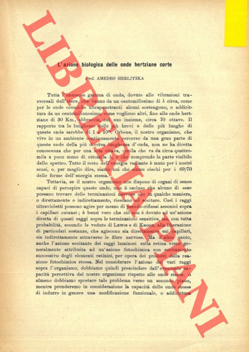 HERLITZKA Amedeo - - L'azione biologica delle onde hertziane corte.