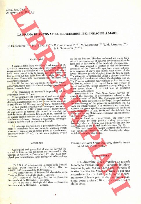 CRESCENTI U. - CURZI P.V. - GALLIGNANI P. - GASPERINI M. - RAINONE M. - STEFANON A. - - La frana di Ancona del 13 dicembre 1982: indagini a mare.