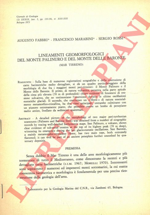 FABBRI Augusto - MARABINI Francesco - ROSSI Sergio - - Lineamenti geomorfologici del Monte Palinuro e del Monte delle Baronie (Mar Tirreno) .