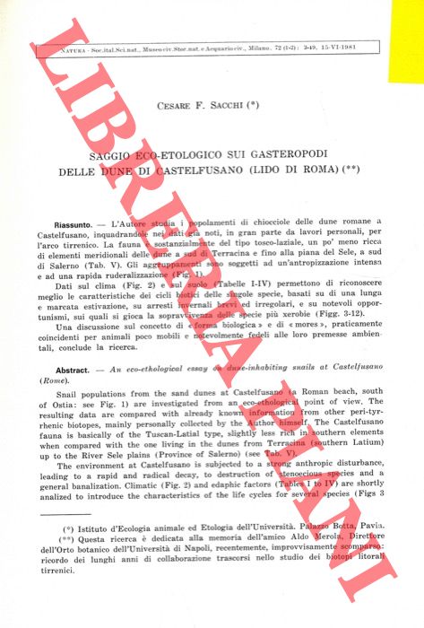 SACCHI Cesare F. - - Saggio eco-etologico sui Gasteropodi delle dune di Castelfusano (Lido di Roma) .