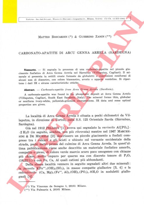 BOSCARDIN Matteo - ZANIN Guerrino - - Carbonato-apatite di Arcu Genna Arrela (Sardegna) .