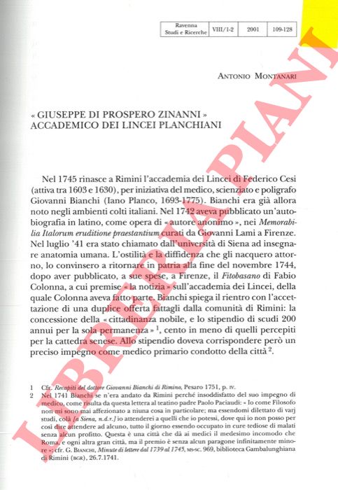 MONTANARI Antonio - - 'Giuseppe di Prospero Zinanni' accademico dei Lincei planchiani.
