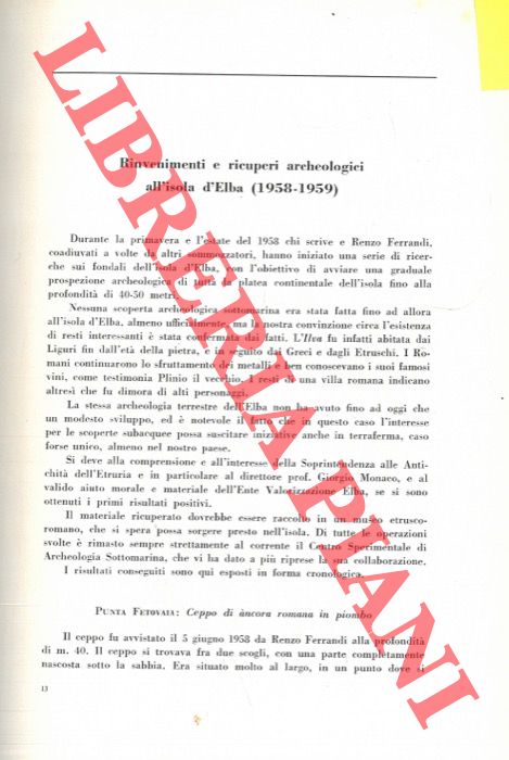 PEDERZINI A. - - Rinvenimenti e ricuperi archeologici all'isola d'Elba (1958-1959) .