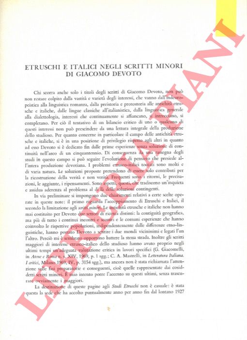 CAMPOREALE Giovannangelo - - Etruschi e Italici negli scritti minori di Giacomo Devoto.