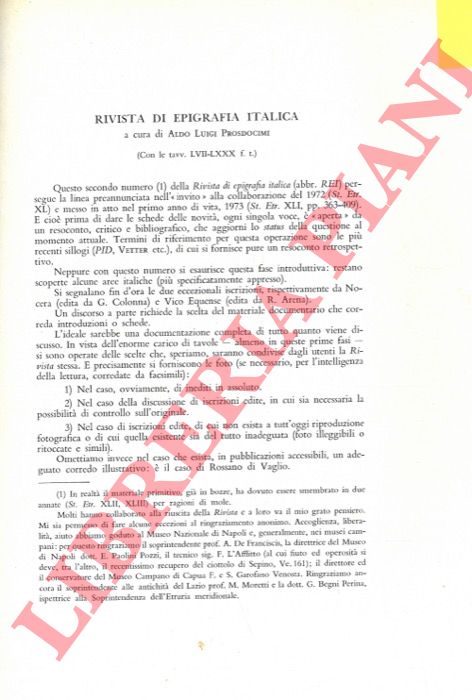 (PROSDOCIMI Aldo Luigi) - - Rivista di epigrafia italica.