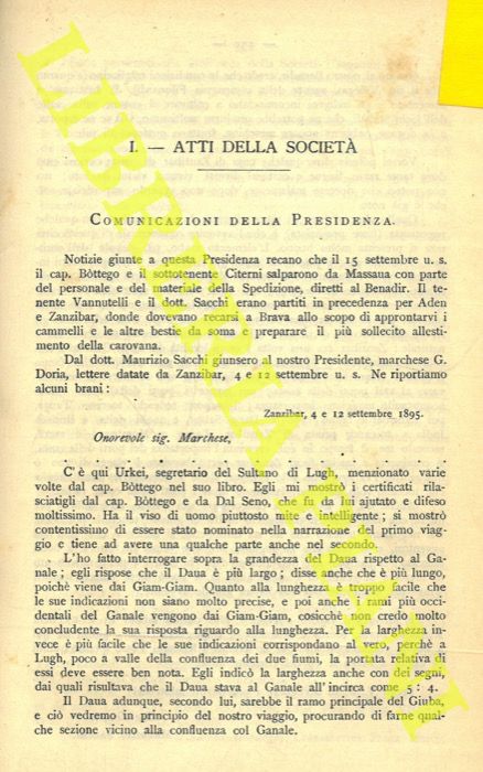 SACCHI Maurizio - - Zanzibar, 4 e 12 settembre 1895. Onorevole sig. Marchese... .