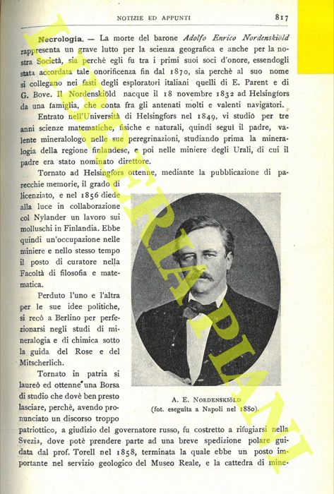 - - La morte del barone Adolfo Enrico Nordenskiold.