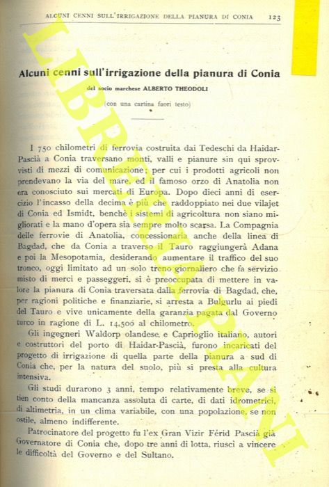 THEODOLI Alberto - - Alcuni cenni sull'irrigazione della pianura di Conia.
