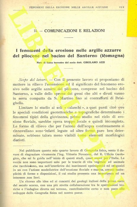 AZZI Girolamo - - I fenomeni della erosione nelle argille azzurre del pliocene nel bacino del Santerno (Romagna) .
