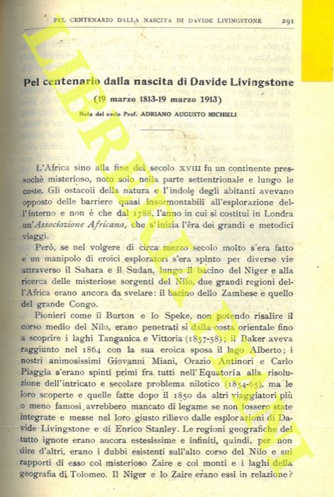MICHIELI Adriano Augusto - - Pel centenario dalla nascita di Davide Livingstone (19 marzo 1813  19 marzo 1913) .