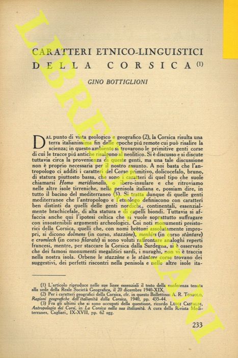 BOTTIGLIONI Gino - - Caratteri etnico-linguistici della Corsica.