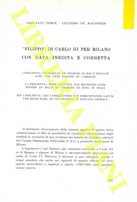 PESCE Giovanni - DE MAGISTRIS Leandro - - 'Filippo' di Carlo III per Milano con data inedita e corretta.