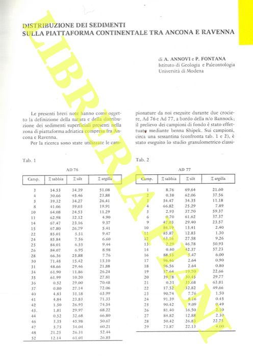 ANNOVI A. - FONTANA P. - - Distribuzione dei sedimenti sulla piattaforma continentale tra Ancona e Ravenna.