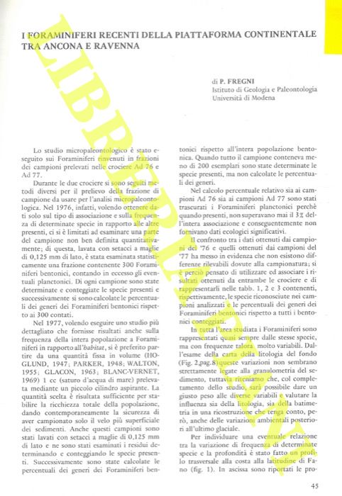 FREGNI P. - - I Foraminiferi recenti della piattaforma continentale tra Ancona e Ravenna.