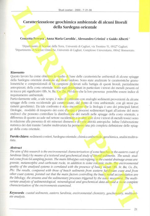 FERRARA Concetta - CAREDDA Anna Maria - CRISTINI Alessandro - ALBERTI Guido - - Caratterizzazione geochimica ambientale di alcuni litorali della Sardegna sud-orientale.