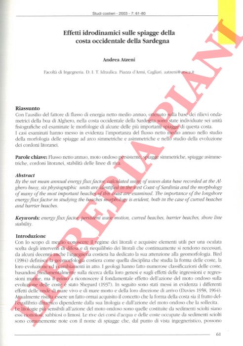 ATZENI Andrea - - Effetti idrodinamici sulle spiagge della costa occidentale della Sardegna.