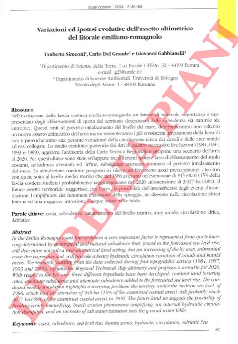 SIMEONI Umberto - DEL GRANDE Carlo - GABBIANELLI Giovanni - - Variazioni ed ipotesi evolutive dell'assetto altimetrico del litorale emiliano-romagnolo.