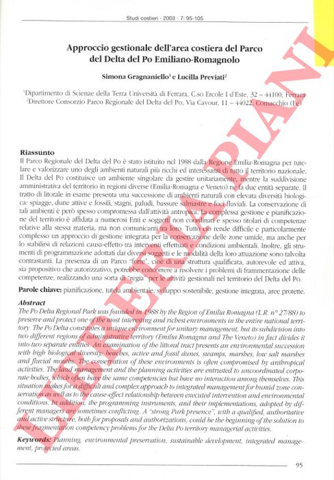 GRAGNANIELLO Simona - PREVIATI Lucilla - - Approccio gestionale dell'area costiera del Parco del Delta del Po Emiliano-Romagnolo.