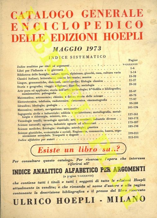 - - Catalogo generale delle edizioni Hoepli. Agosto 1974.